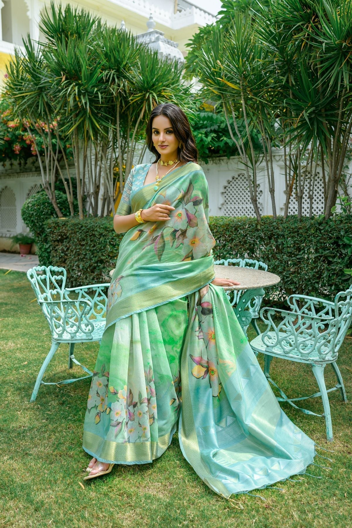 Ocean Green Printed Cotton Saree