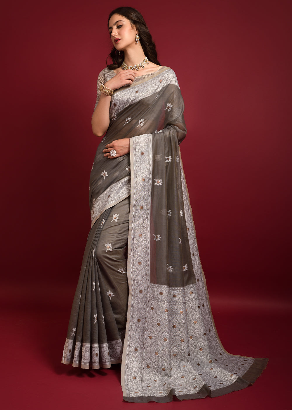 Taupe Grey Chikankari Chanderi Cotton Woven Saree