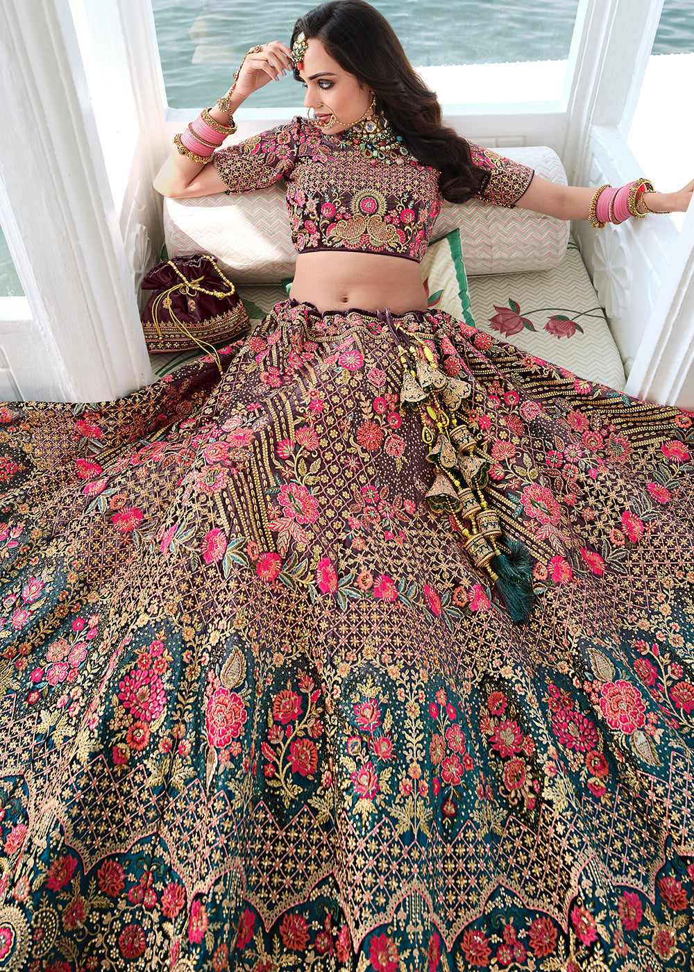 Roman Grey and Blue Dual Tone Heavy Embroidered Velvet Lehenga