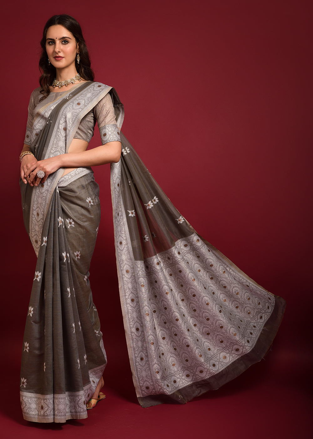 Taupe Grey Chikankari Chanderi Cotton Woven Saree