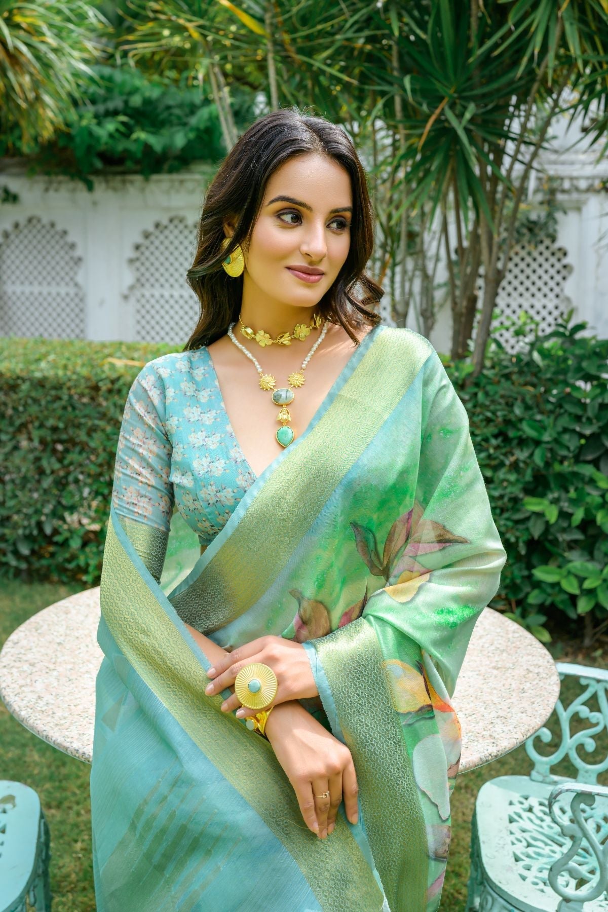 Ocean Green Printed Cotton Saree