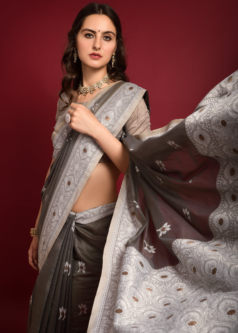 Taupe Grey Chikankari Chanderi Cotton Woven Saree