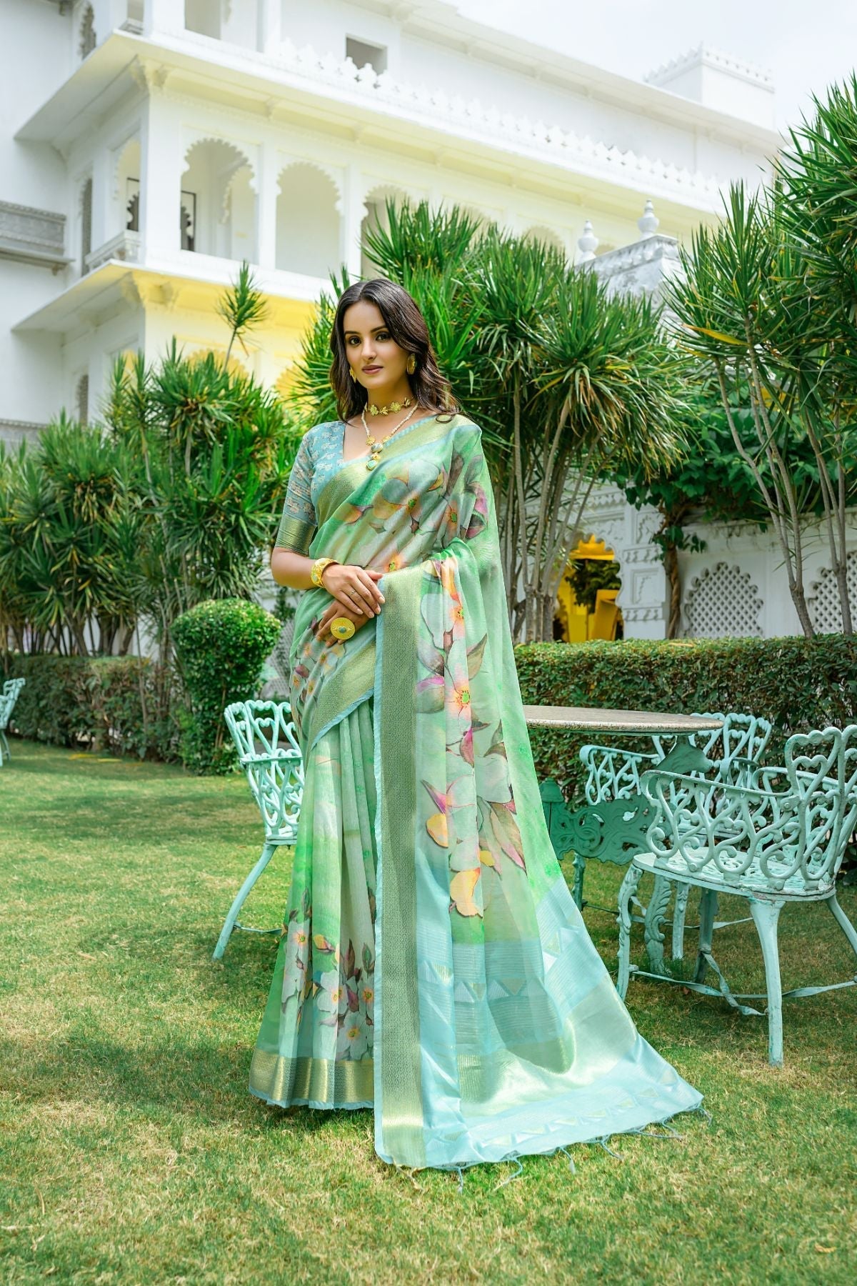 Ocean Green Printed Cotton Saree