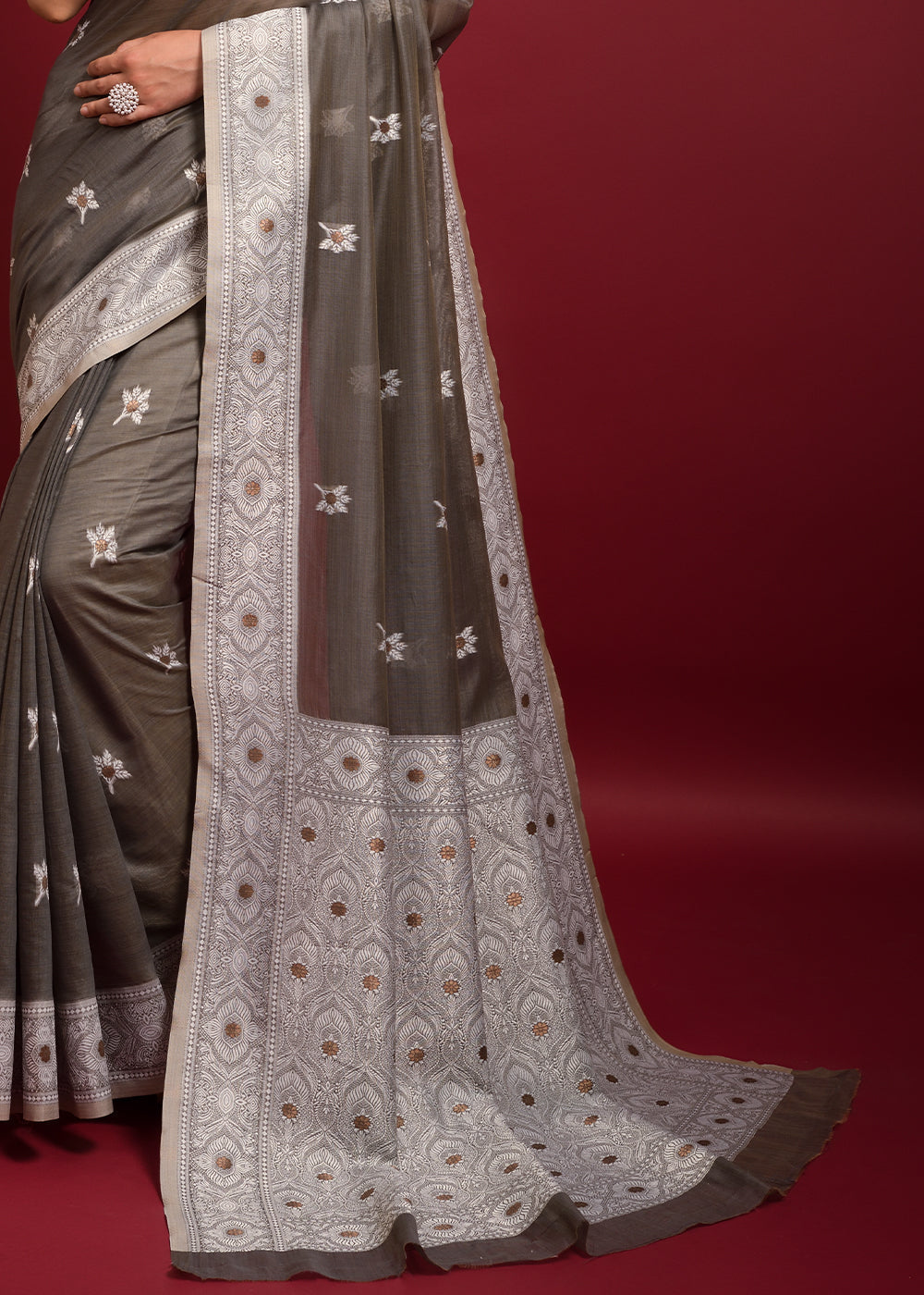 Taupe Grey Chikankari Chanderi Cotton Woven Saree