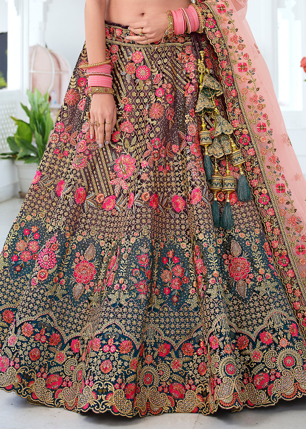 Roman Grey and Blue Dual Tone Heavy Embroidered Velvet Lehenga