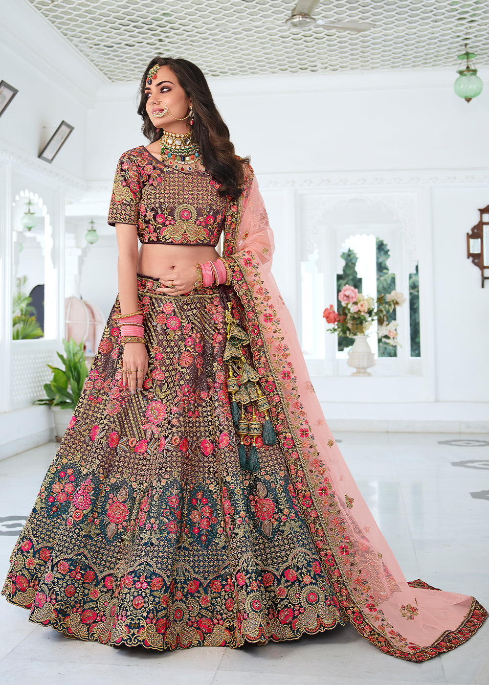 Roman Grey and Blue Dual Tone Heavy Embroidered Velvet Lehenga