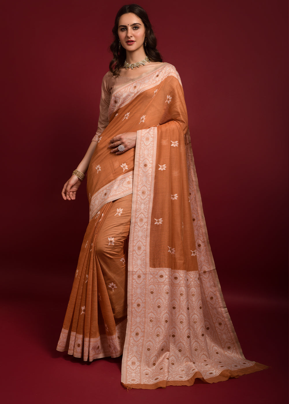 Peach Orange Chikankari Chanderi Cotton Woven Saree