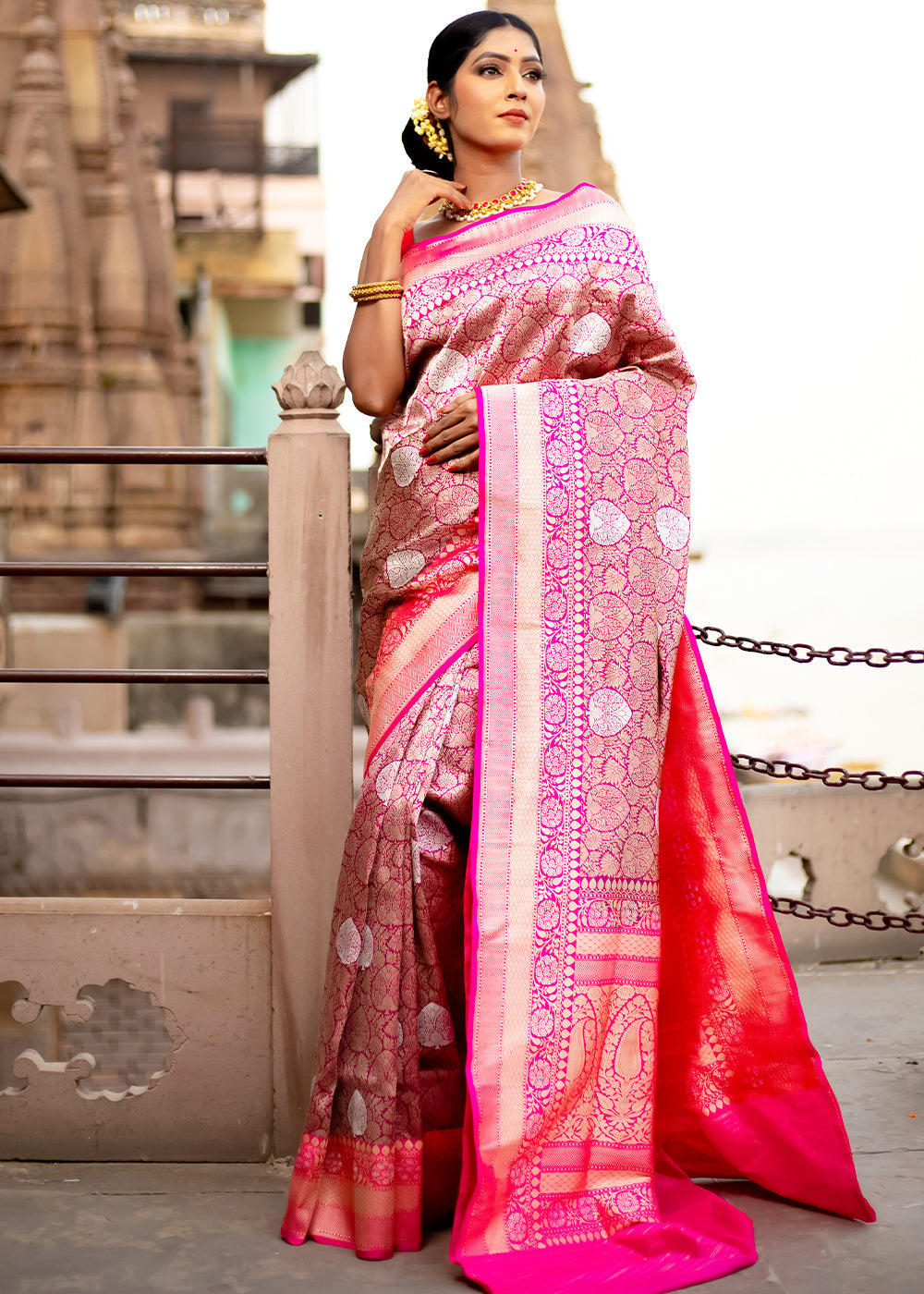 French Shine Pink Hand Woven Katan Pure Silk Saree