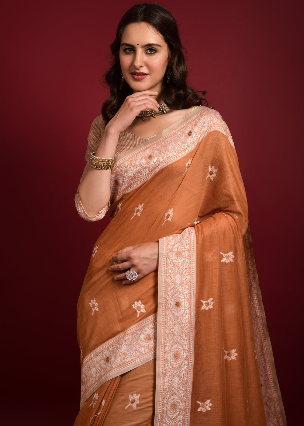 Peach Orange Chikankari Chanderi Cotton Woven Saree