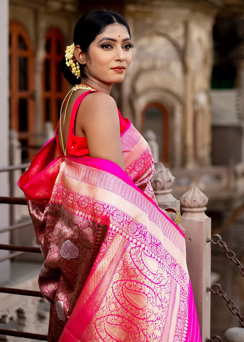 French Shine Pink Hand Woven Katan Pure Silk Saree