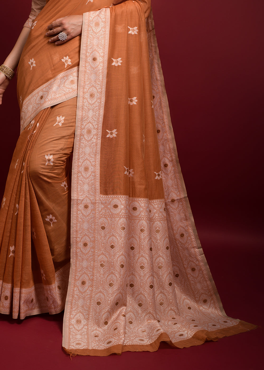 Peach Orange Chikankari Chanderi Cotton Woven Saree