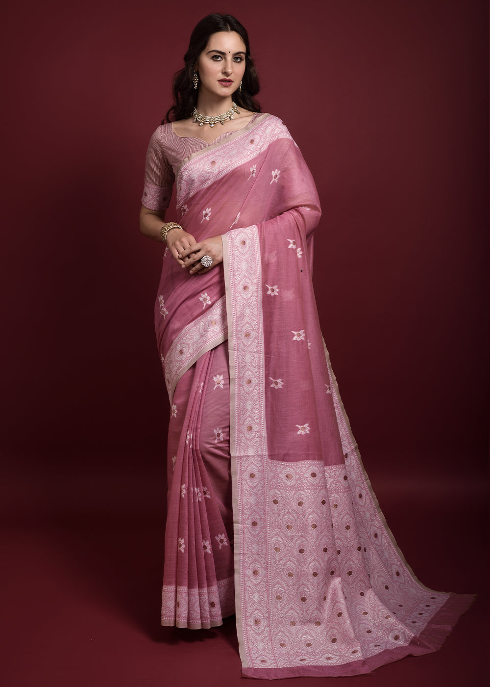 Turkish Rose Pink Chikankari Chanderi Cotton Woven Saree