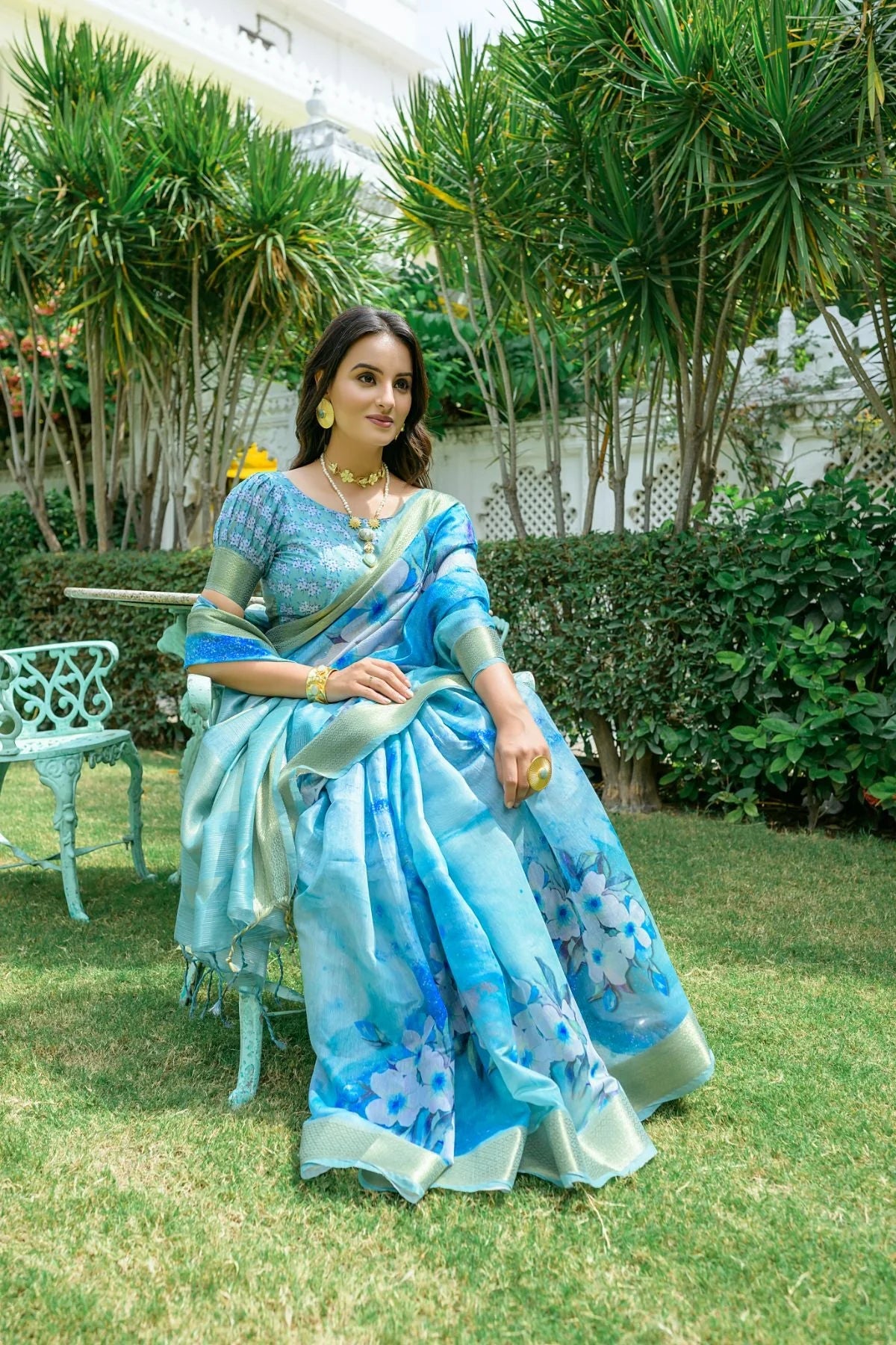 Sky Blue Floral Printed Linen Cotton Saree