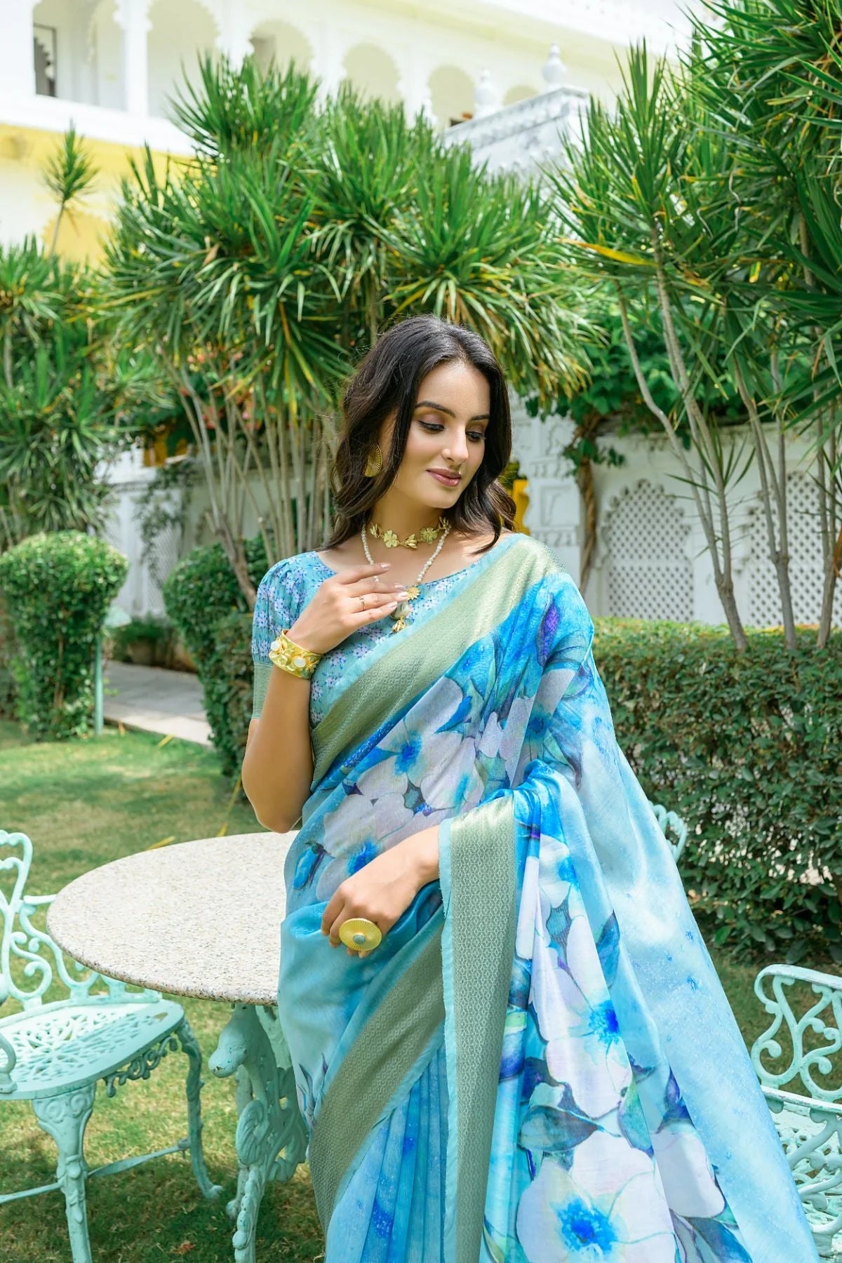 Sky Blue Floral Printed Linen Cotton Saree