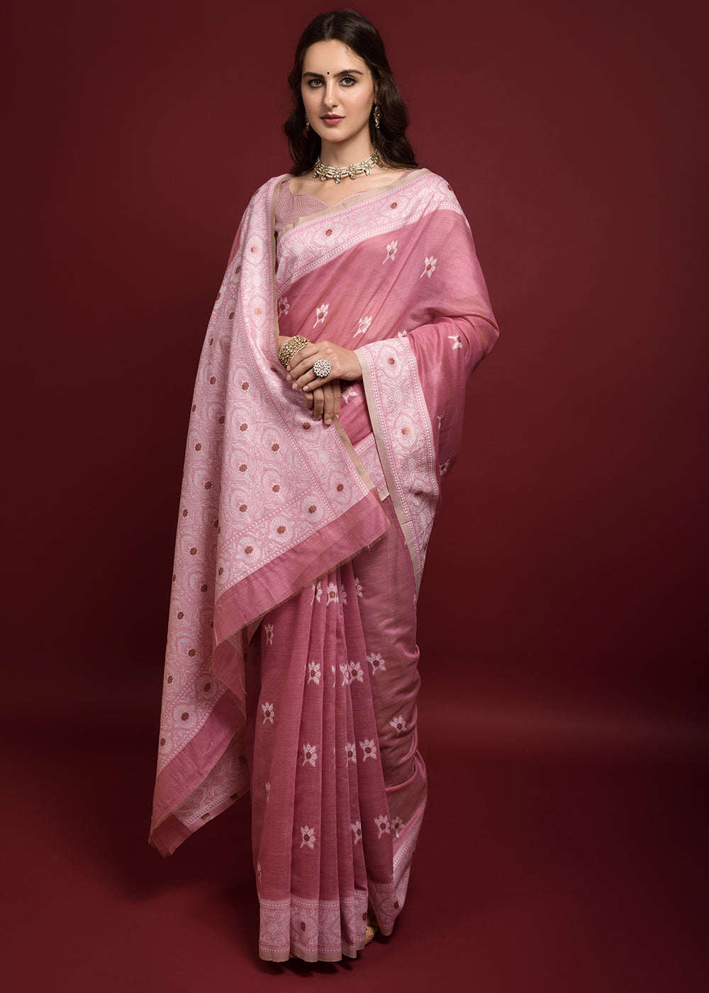 Turkish Rose Pink Chikankari Chanderi Cotton Woven Saree