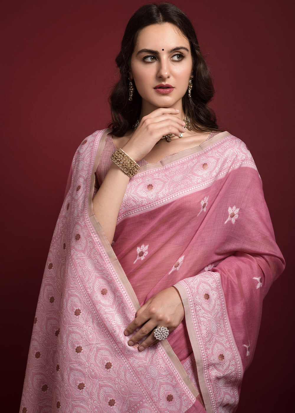 Turkish Rose Pink Chikankari Chanderi Cotton Woven Saree