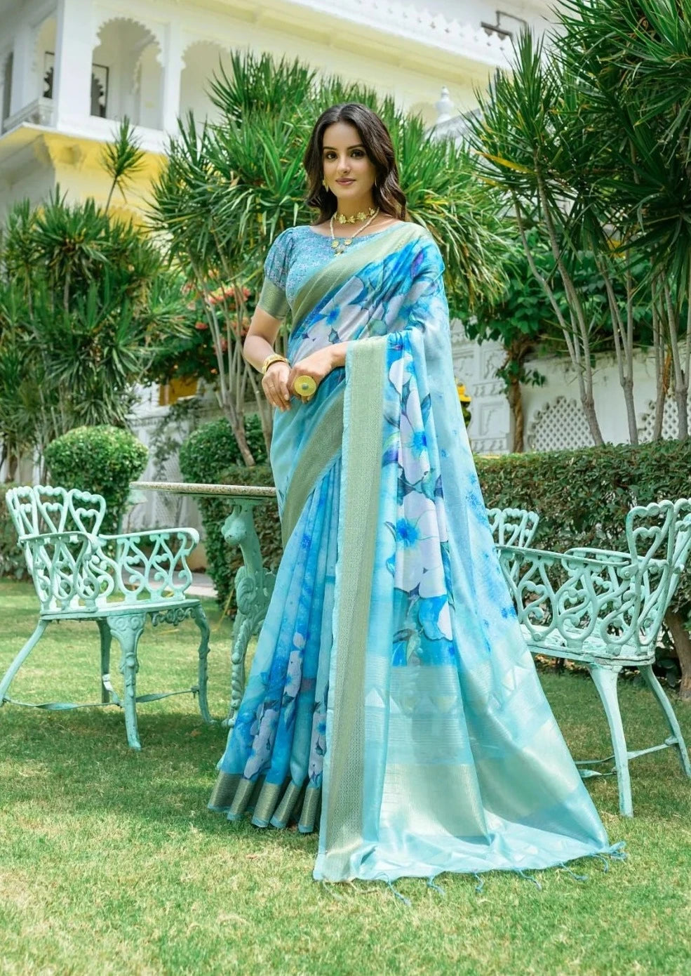 Sky Blue Floral Printed Linen Cotton Saree