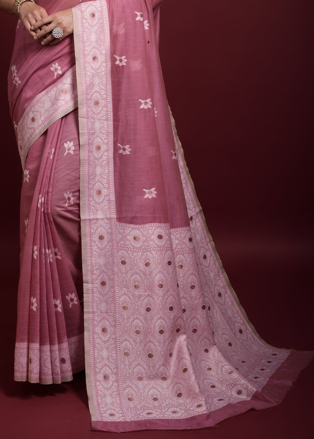 Turkish Rose Pink Chikankari Chanderi Cotton Woven Saree