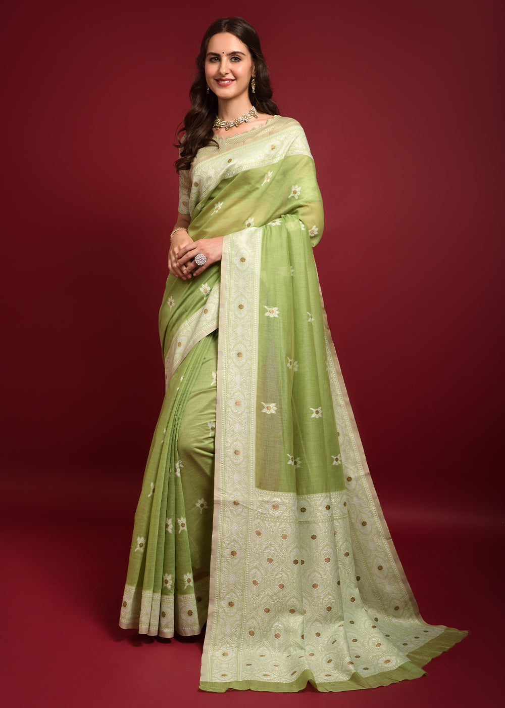 Zombie Green Chikankari Chanderi Cotton Woven Saree