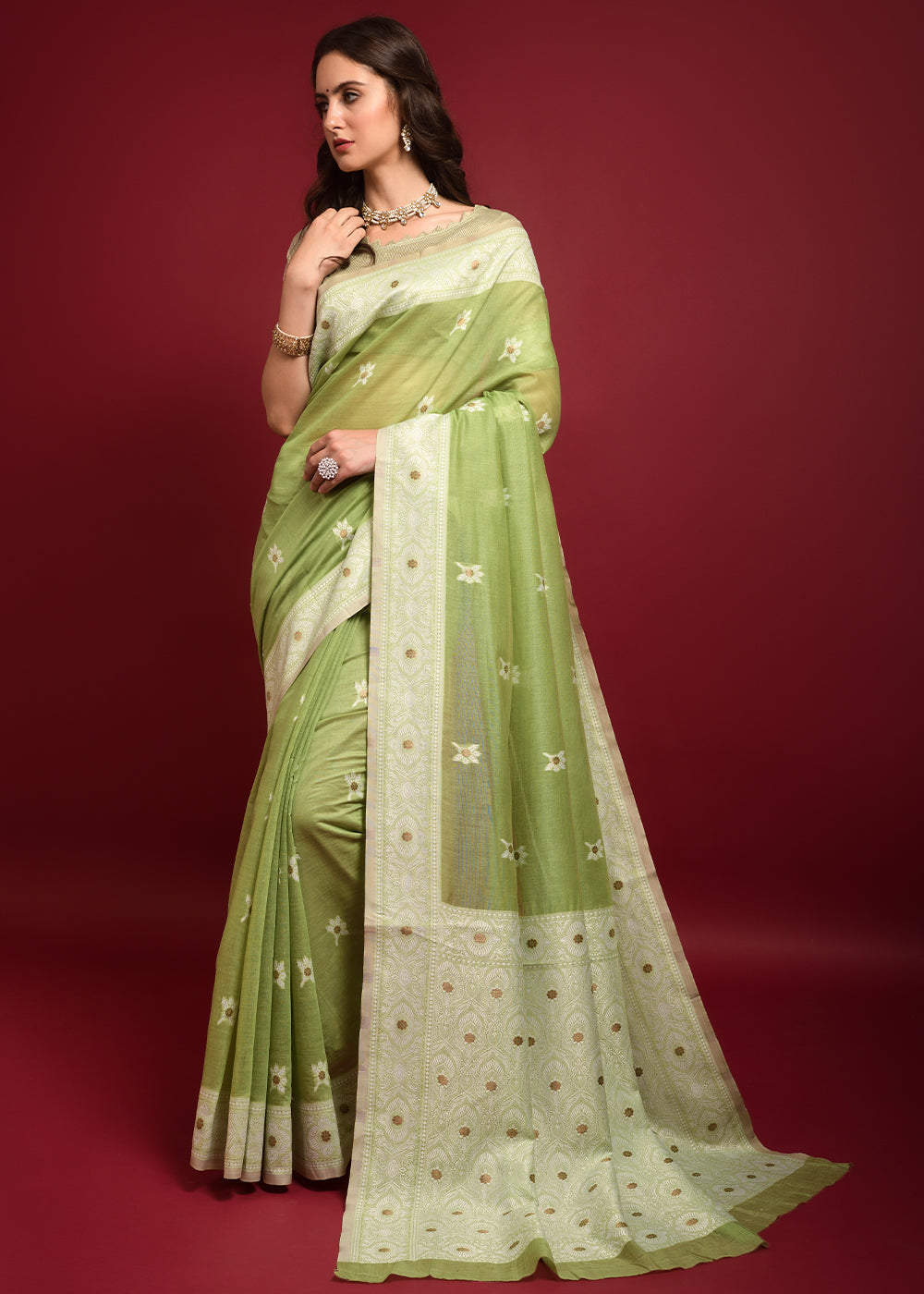 Zombie Green Chikankari Chanderi Cotton Woven Saree