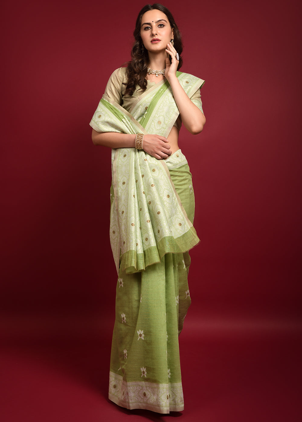 Zombie Green Chikankari Chanderi Cotton Woven Saree