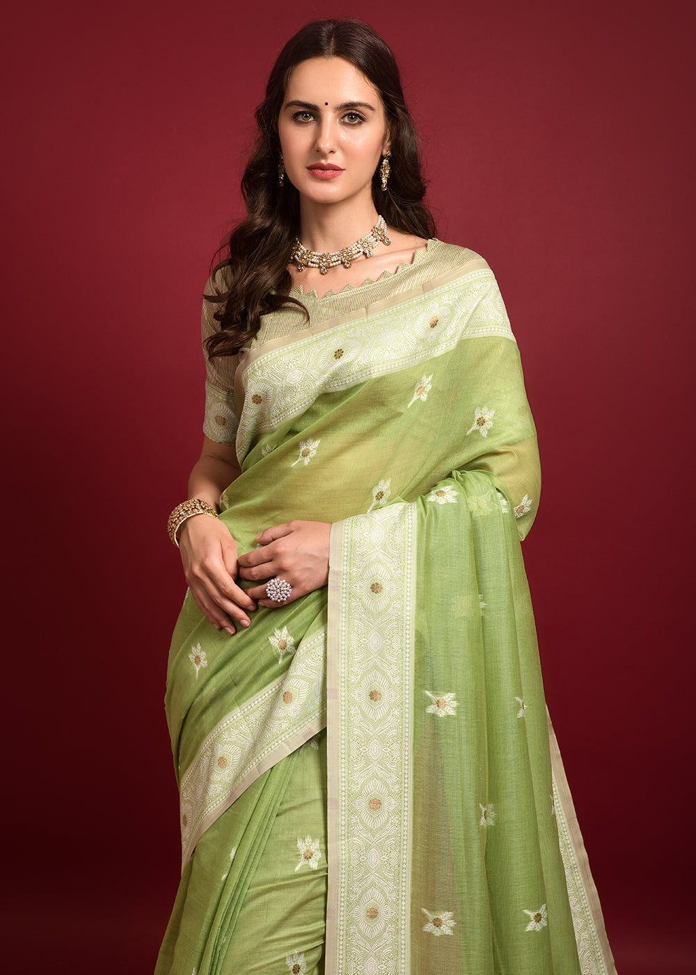 Zombie Green Chikankari Chanderi Cotton Woven Saree