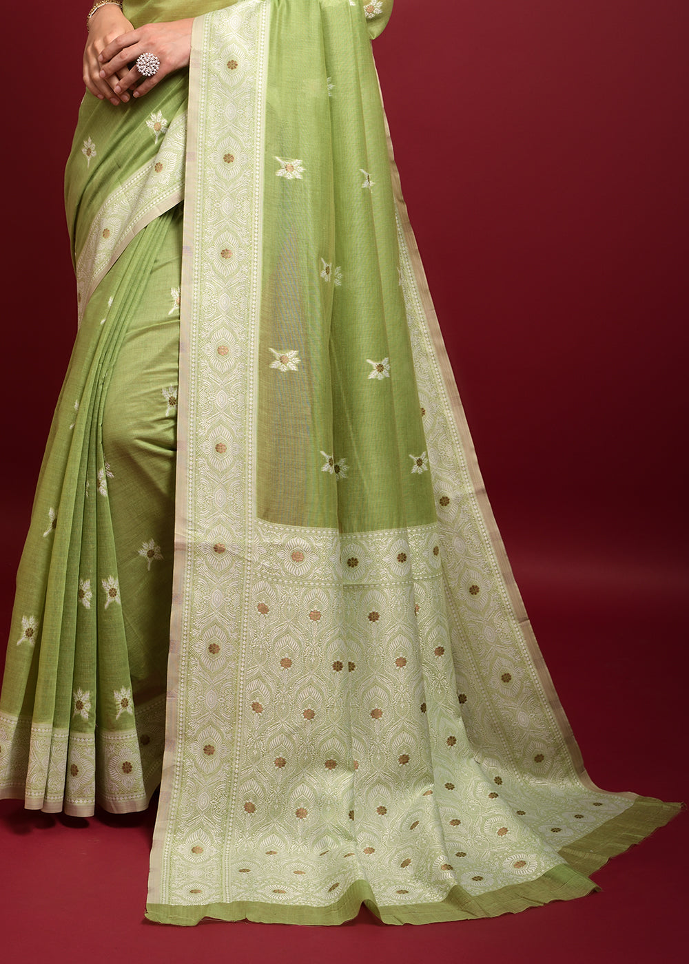 Zombie Green Chikankari Chanderi Cotton Woven Saree