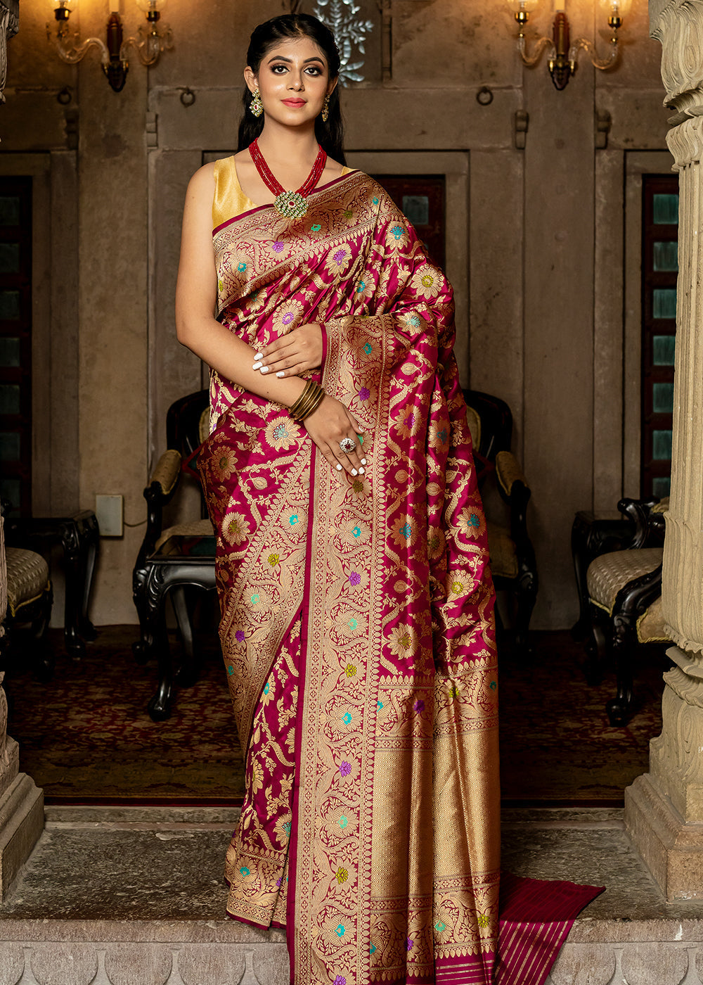 Apple Blossom Maroon Hand Woven Katan Pure Silk Saree