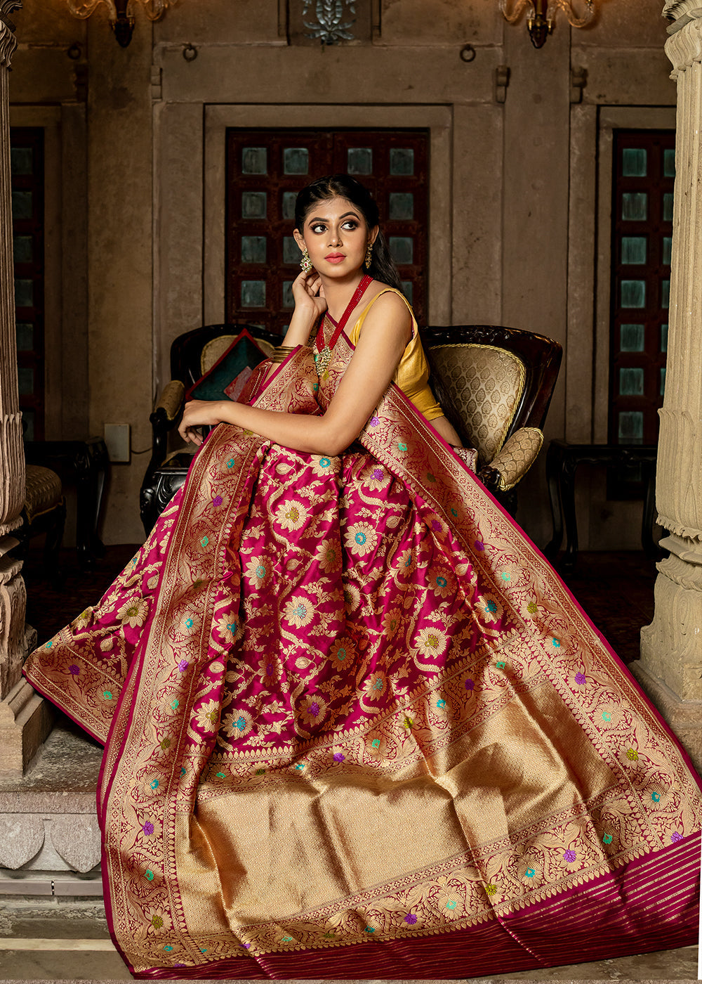 Apple Blossom Maroon Hand Woven Katan Pure Silk Saree