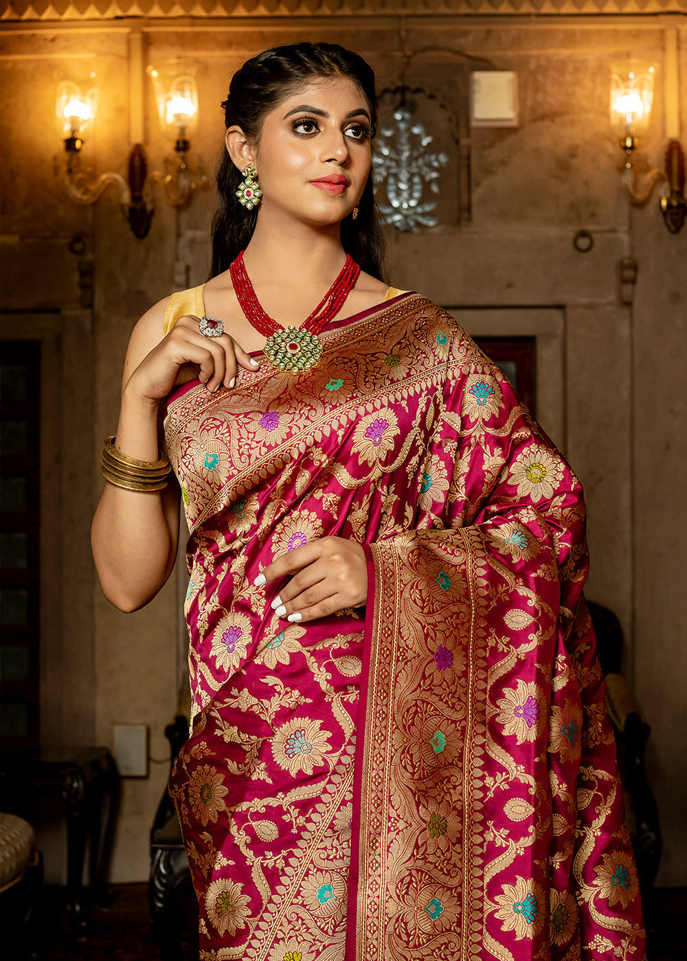 Apple Blossom Maroon Hand Woven Katan Pure Silk Saree