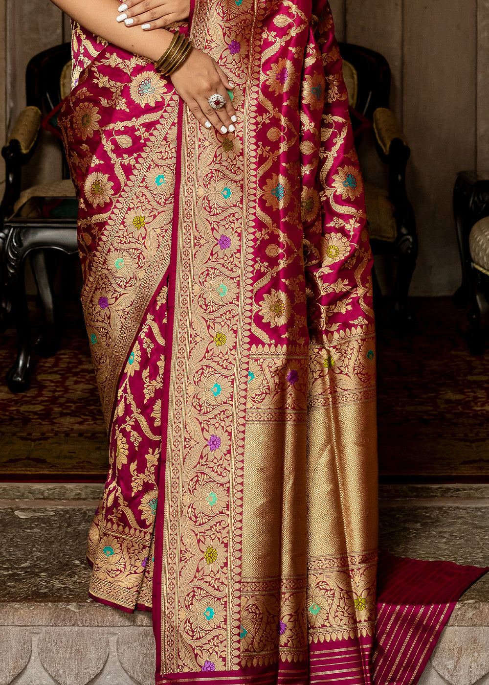 Apple Blossom Maroon Hand Woven Katan Pure Silk Saree