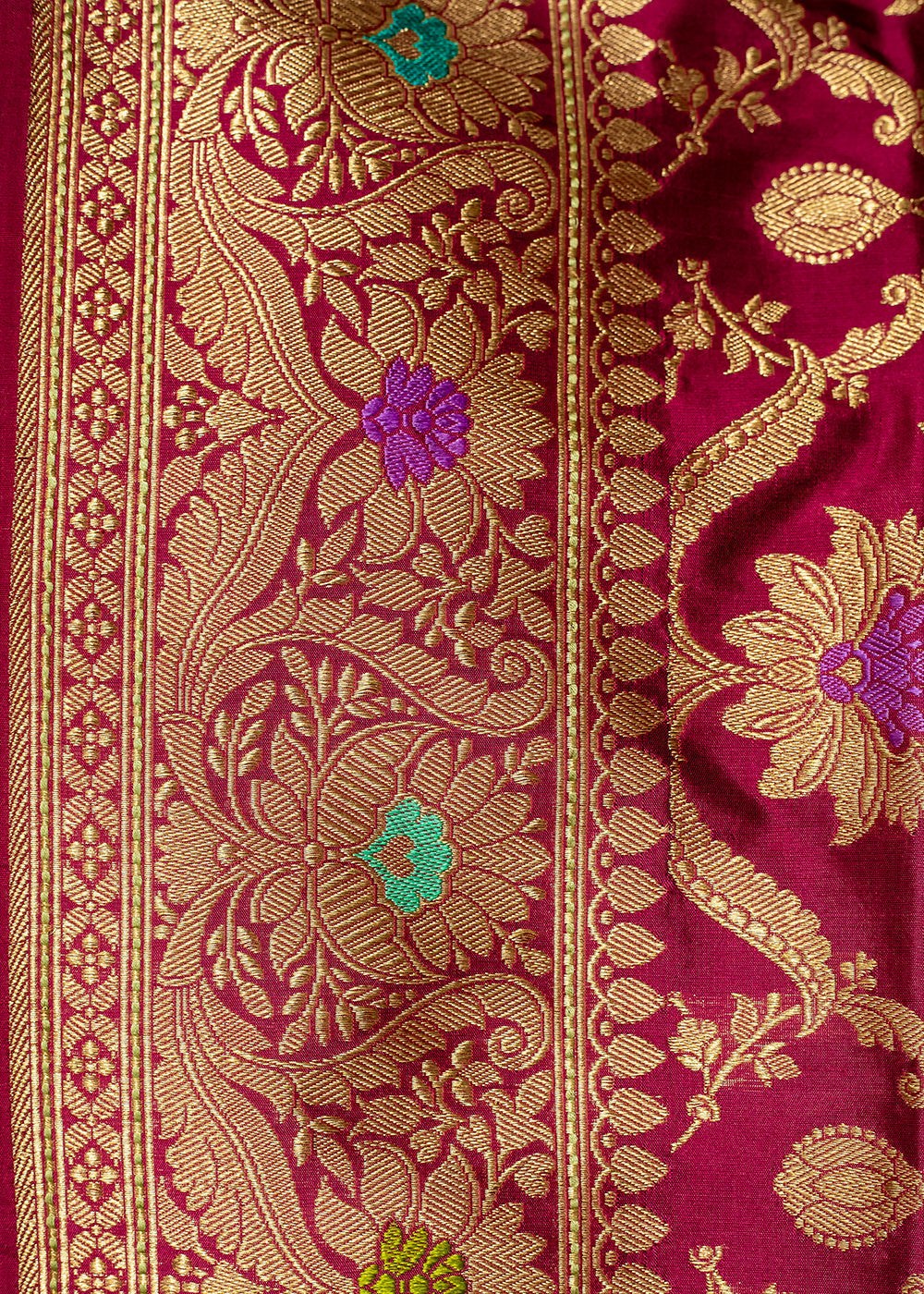 Apple Blossom Maroon Hand Woven Katan Pure Silk Saree