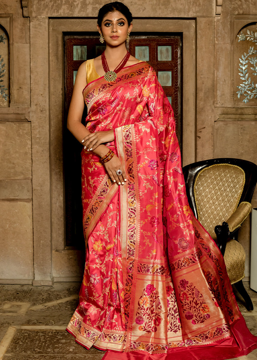 Carnation Red Hand Woven Katan Pure Silk Saree