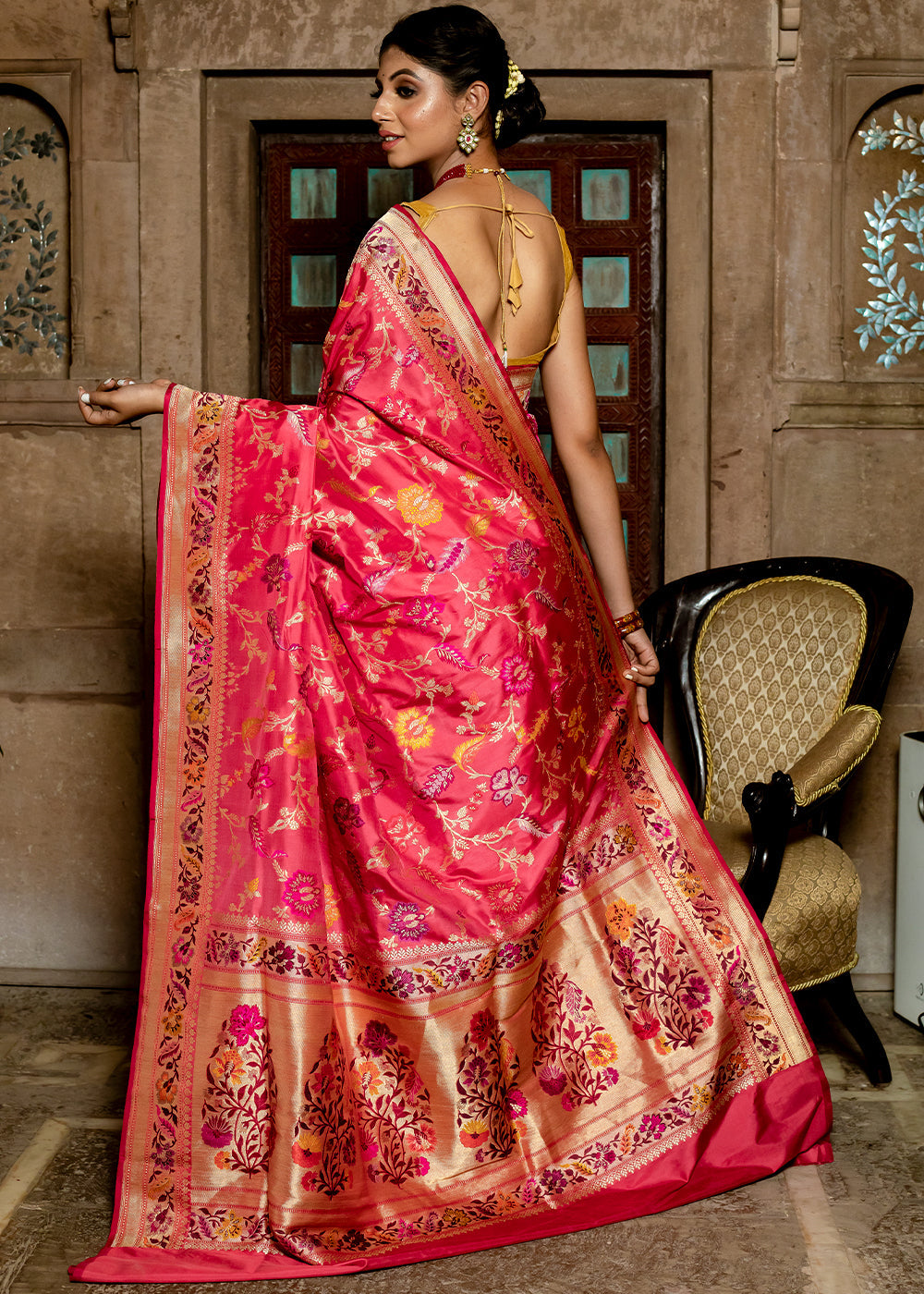 Carnation Red Hand Woven Katan Pure Silk Saree