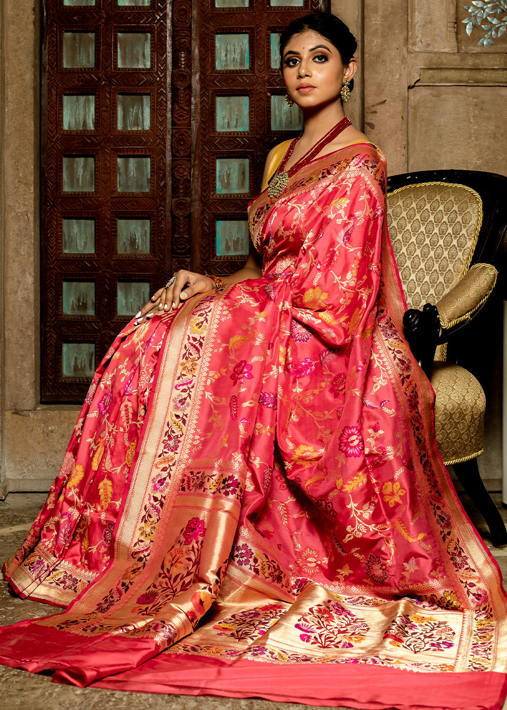 Carnation Red Hand Woven Katan Pure Silk Saree