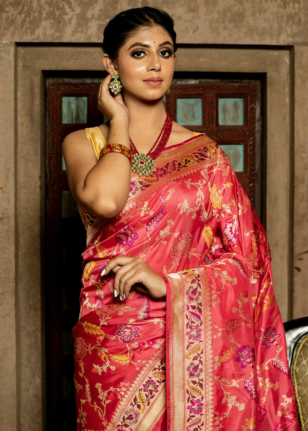 Carnation Red Hand Woven Katan Pure Silk Saree