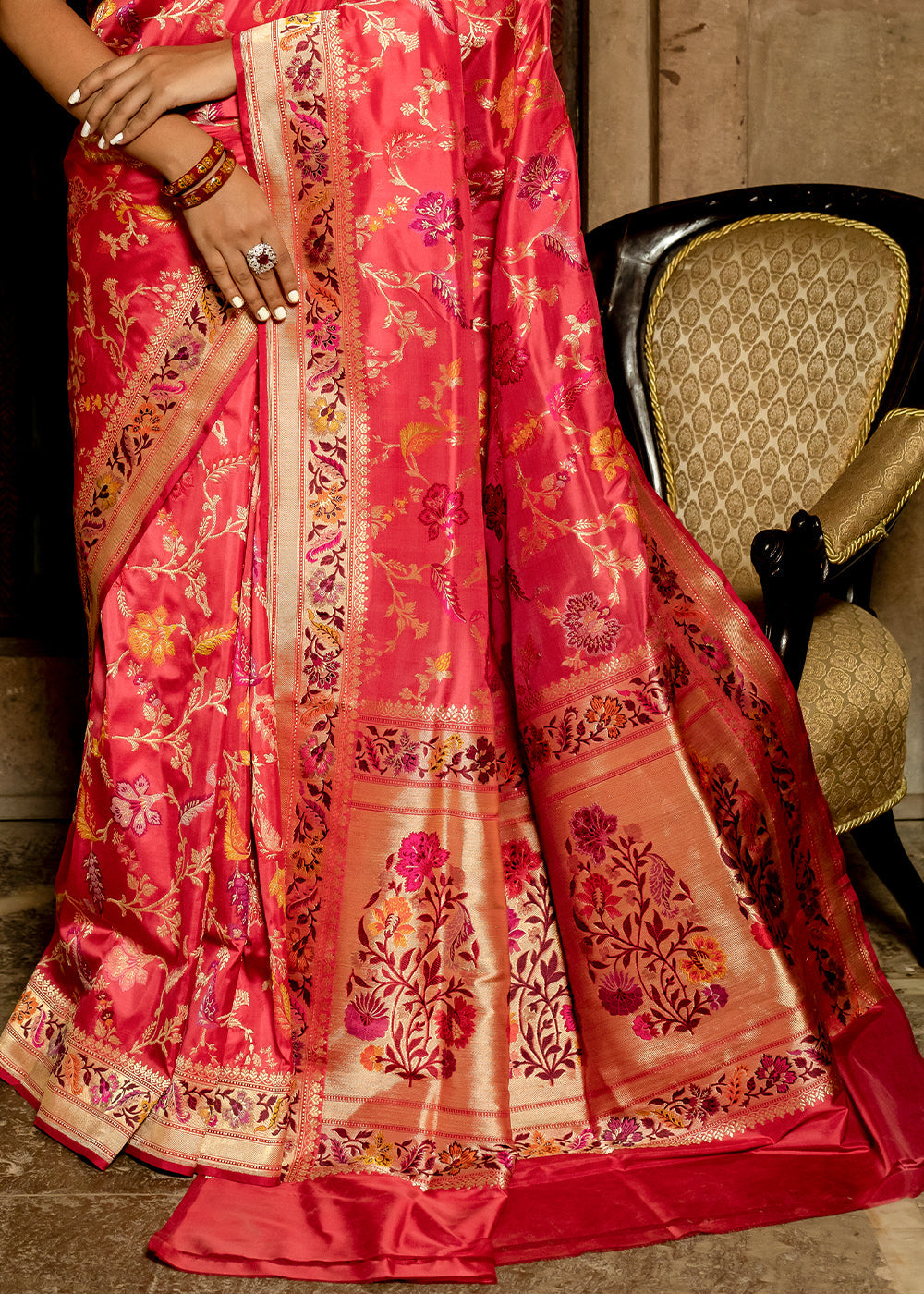 Carnation Red Hand Woven Katan Pure Silk Saree