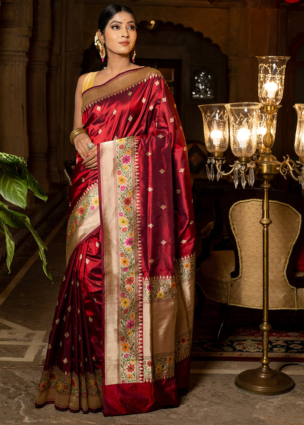 Merlot Red Hand Woven Katan Pure Silk Saree