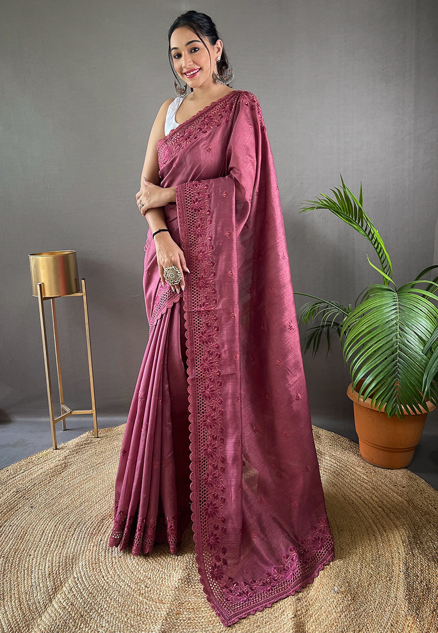 Rose Dust Embroidered Tussar Silk Silk Saree