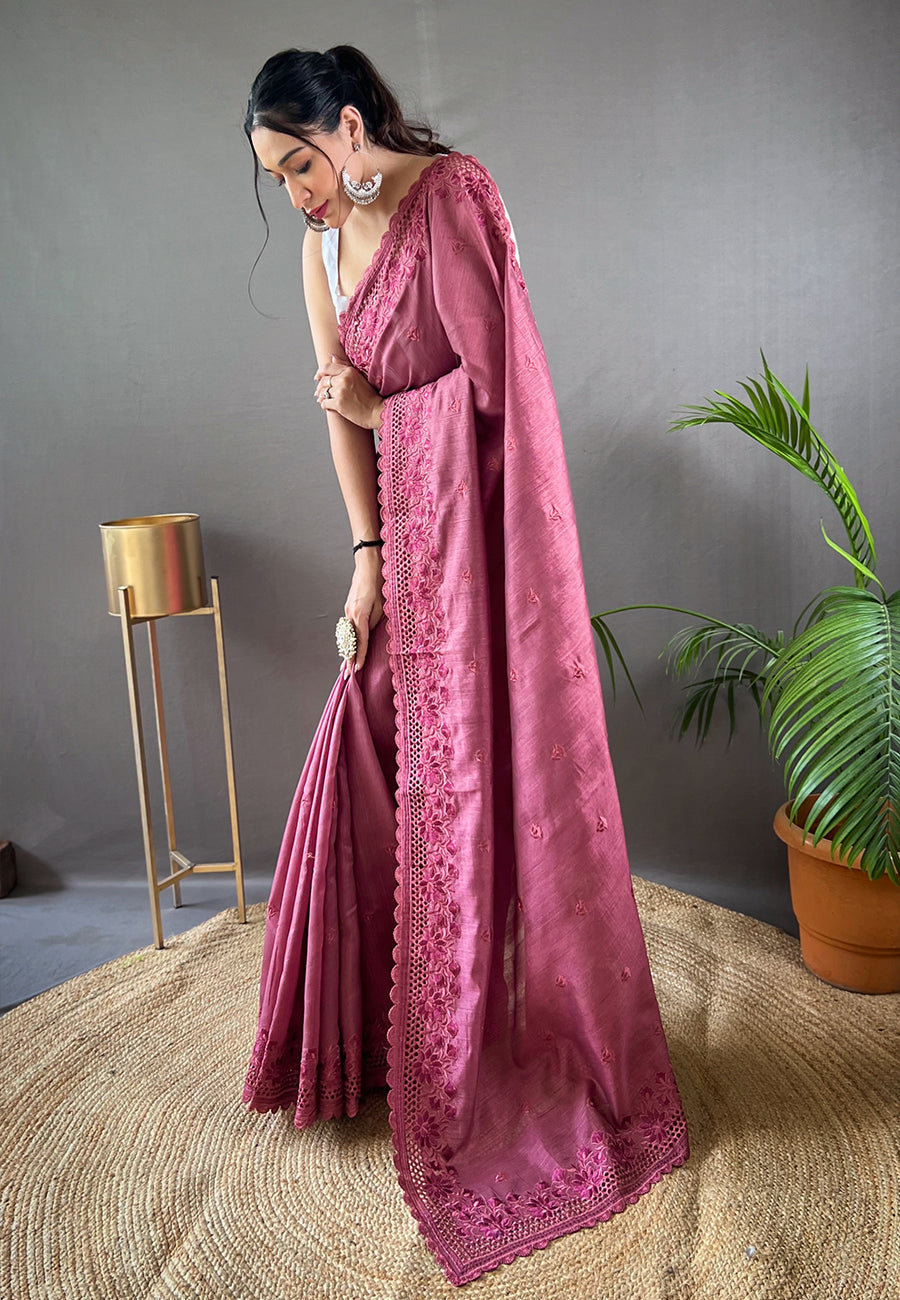 Rose Dust Embroidered Tussar Silk Silk Saree