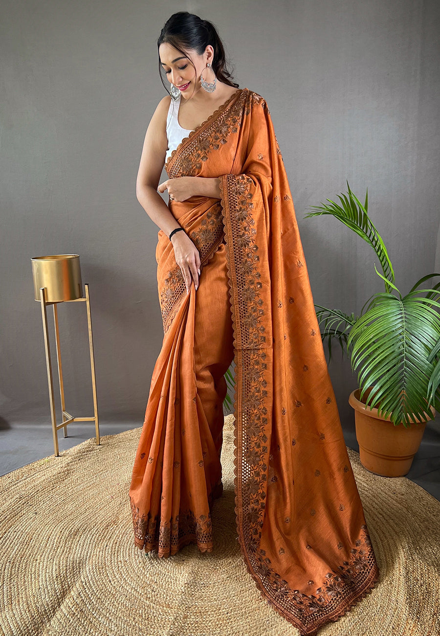 Tuscany Orange Embroidered Tussar Silk Silk Saree