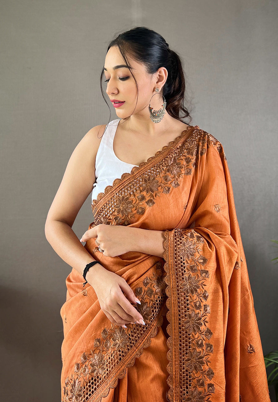 Tuscany Orange Embroidered Tussar Silk Silk Saree