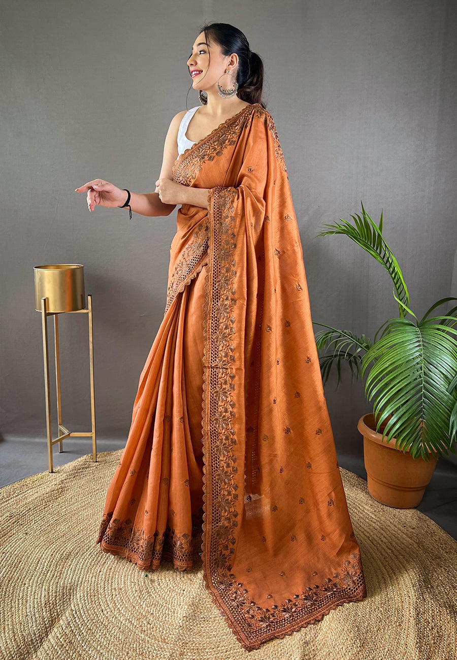 Tuscany Orange Embroidered Tussar Silk Silk Saree