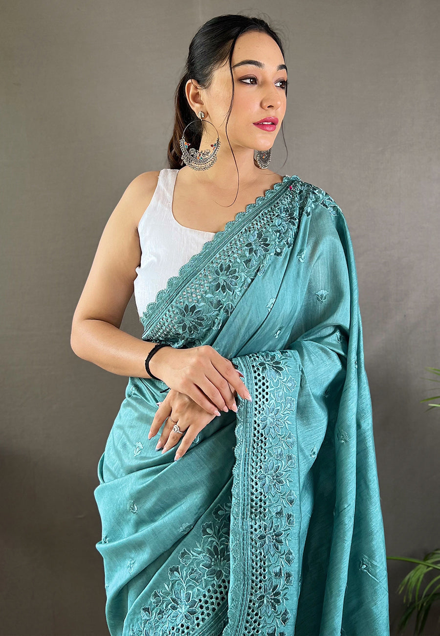 Gulf Stream Blue Embroidered Tussar Silk Silk Saree