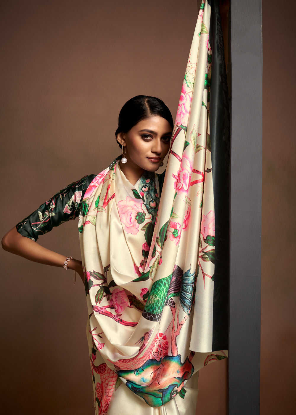 Negroni Cream Printed Satin Silk Saree