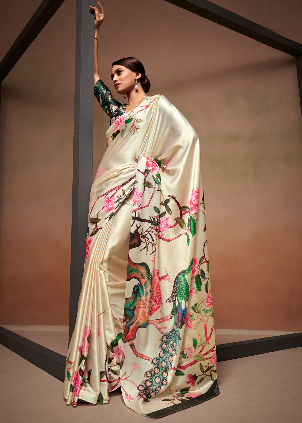 Negroni Cream Printed Satin Silk Saree