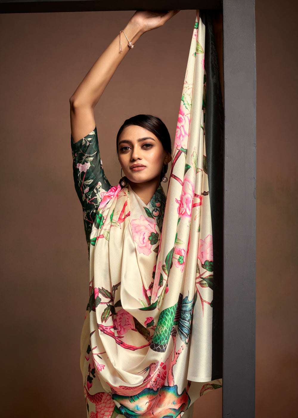 Negroni Cream Printed Satin Silk Saree