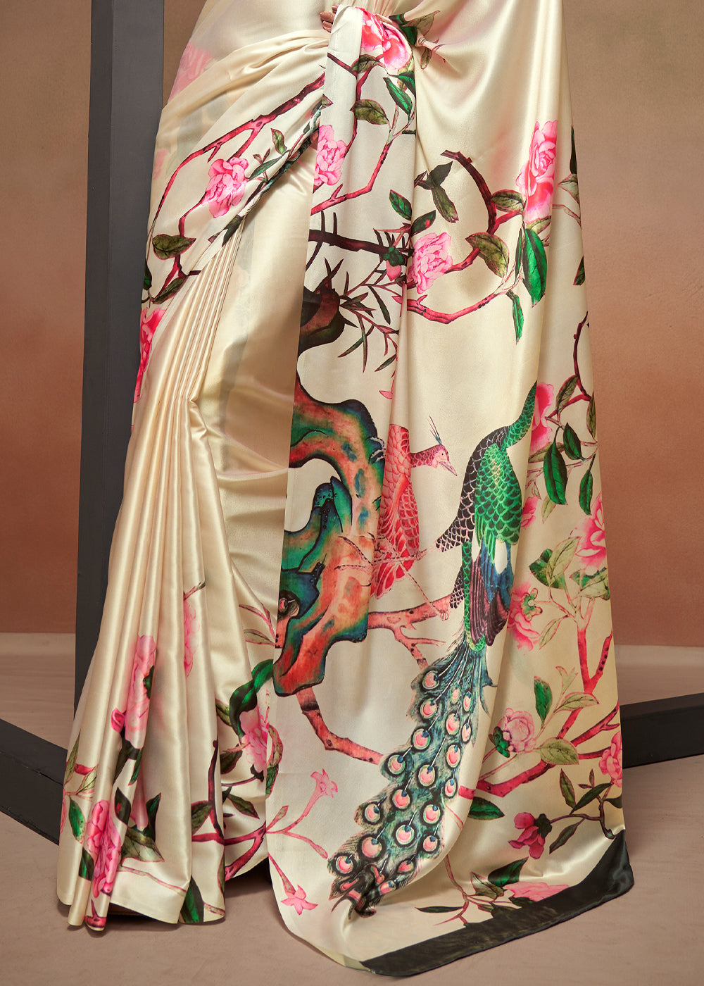 Negroni Cream Printed Satin Silk Saree