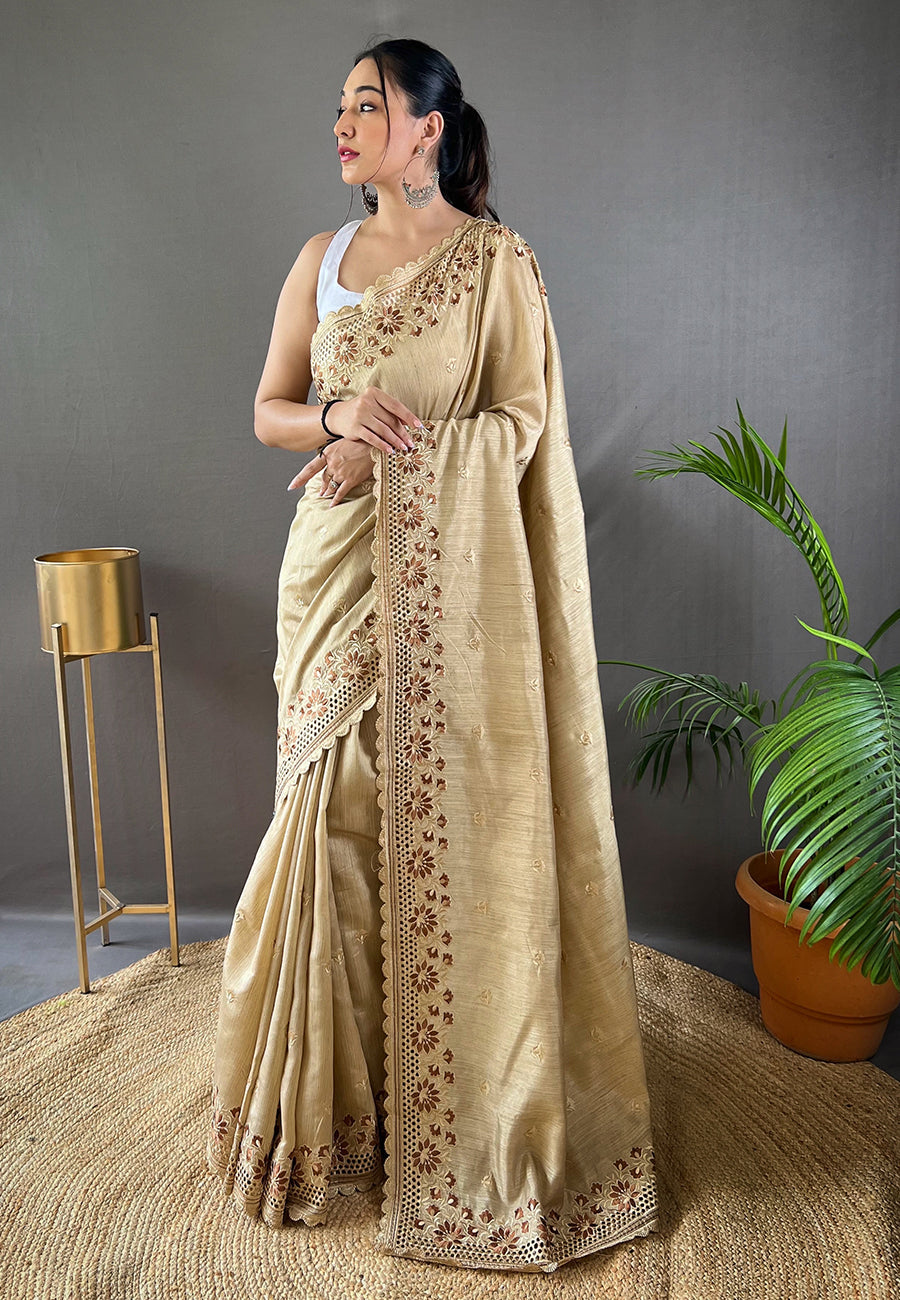 Yuma Cream Embroidered Tussar Silk Silk Saree