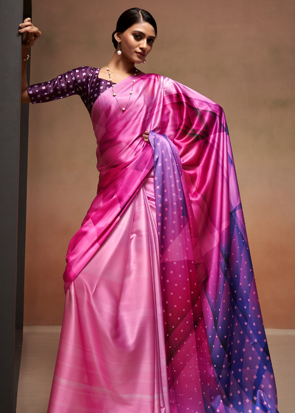 Carissma Pink Printed Satin Silk Saree